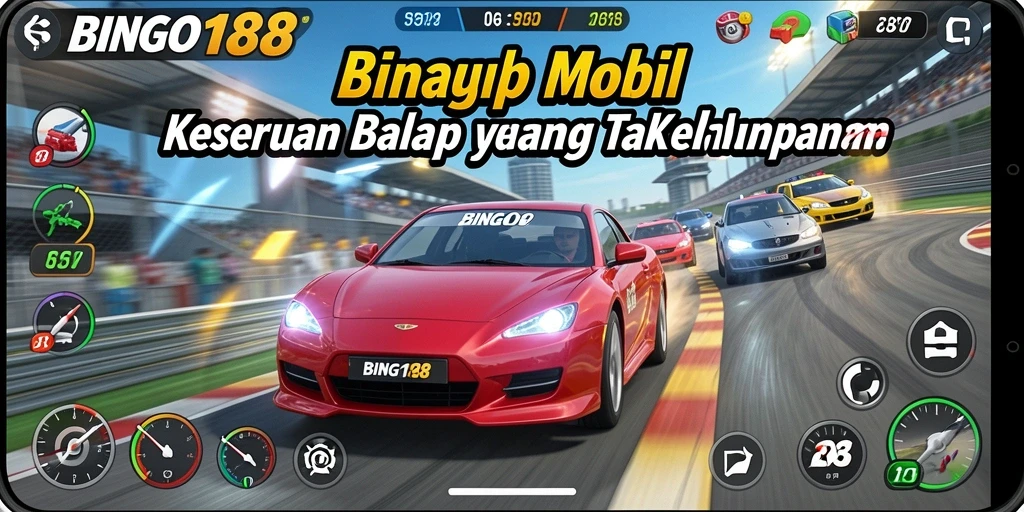 Gameplay seru BINGO188 dengan balapan intens dan mobil kustom.