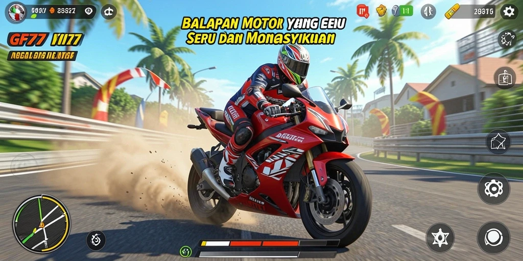 Tampilan gameplay GF777 yang mendebarkan dengan balapan motor.