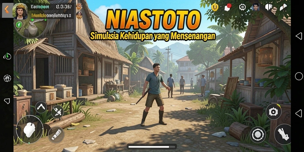 Tangkapan layar utama NIASTOTO menampilkan interaksi karakter dalam gameplay simulasi.