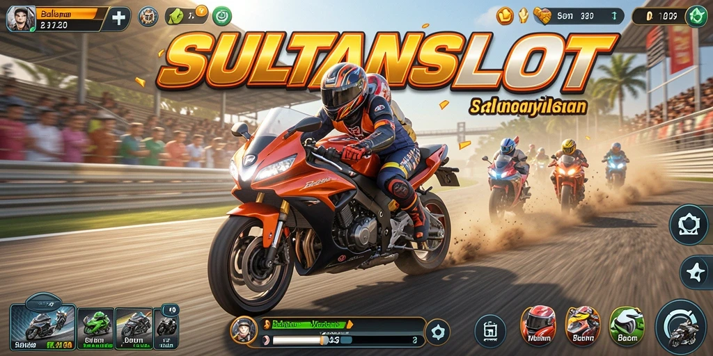 Screenshot gameplay SULTANSLOT menampilkan aksi balapan motor yang mendebarkan.